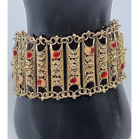 Electroplated Gold on 800 Silver Filigree Panel Bracelet Red White Accents 7.25" - Picture 1 of 15
